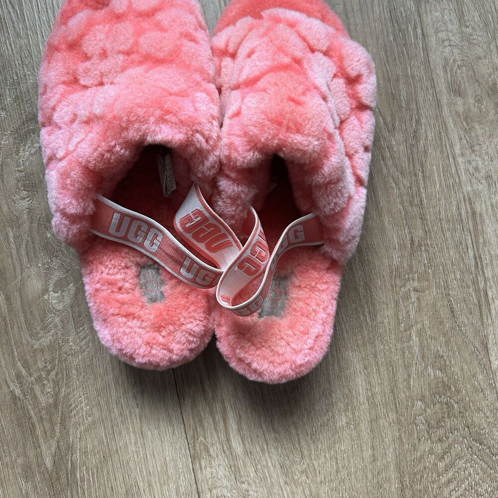 UGG Fluff Yeah Slide Poppy Pink Floral Shearling Slippers Size 8